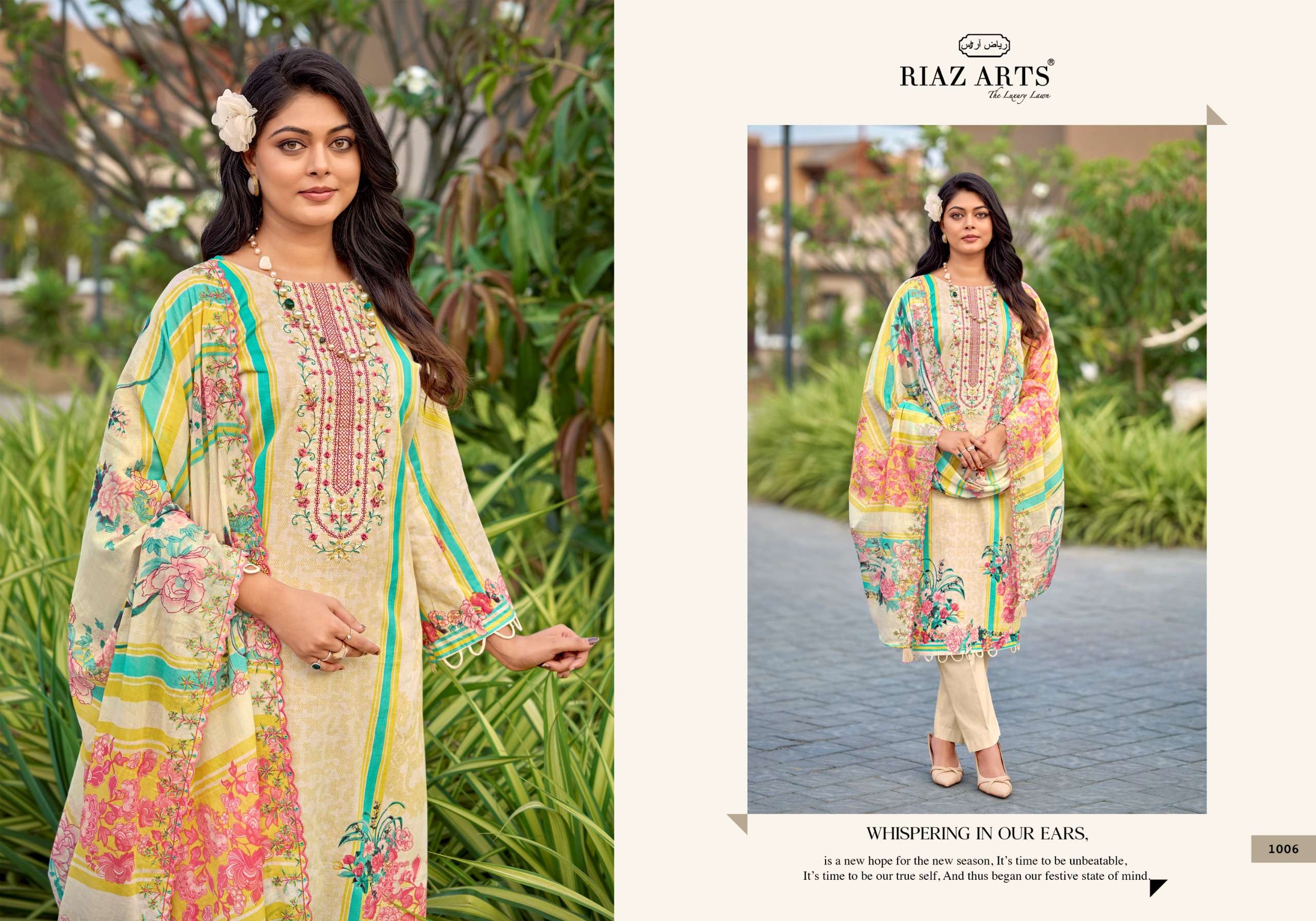 RIAZ ARTS HUMDUM TOP & DUP WORK LAWN COTTON DESIGNER PAKISTANI STYLE SUIT TEXTILE MARKET 